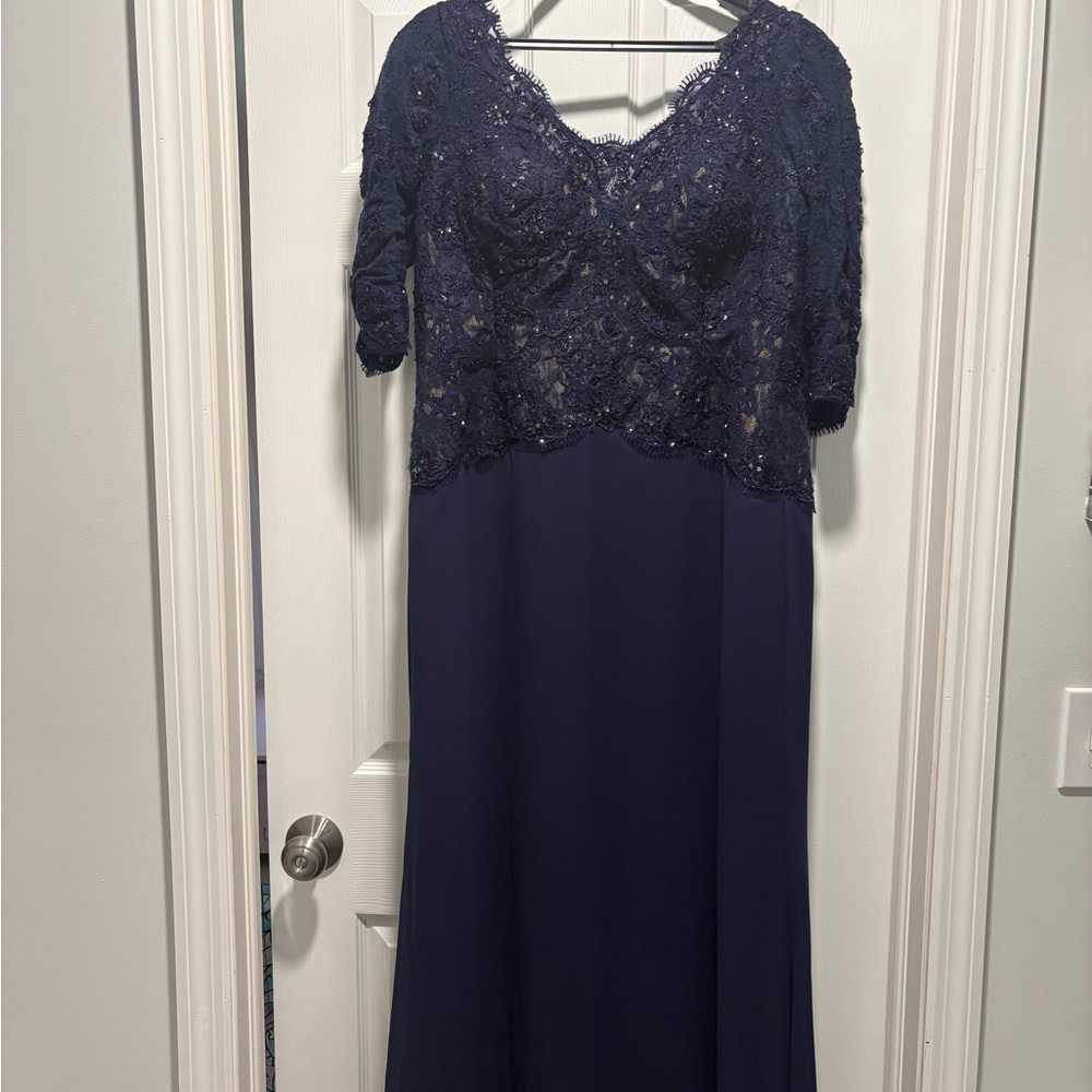 Montage by Mon Cheri Navy Beaded Lace Evening Gown